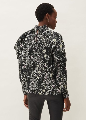 Phase Eight Daphne Floral Frill Shirts Black USA | 5127843-TL